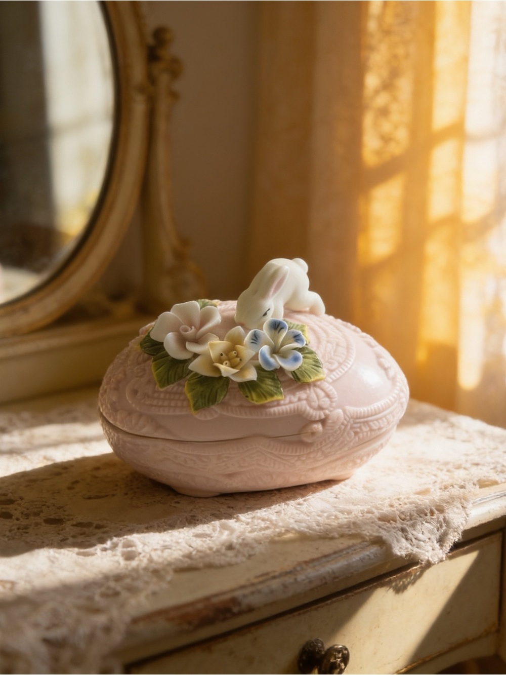 Vintage Pink Bisque Porcelain Egg Trinket Box 3D Bunny & Floral